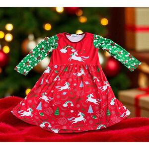 Girl's Sunshine Swing Christmas Unicorn Dress Sz 4 Holidays Long-Sleeve Red